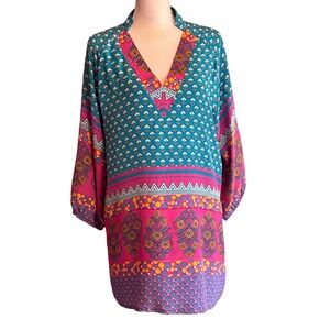 100% sillk Tolani Nisha tunic dress, large, teal/pink, boho, global, resort